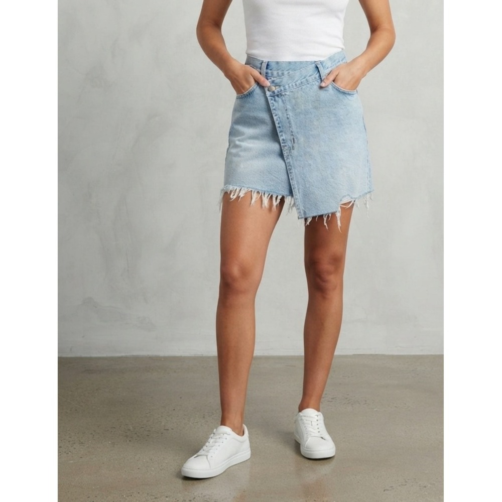 Nature Denim Asymmetrical Crossover Distressed Raw Hem Mini Skirt Large